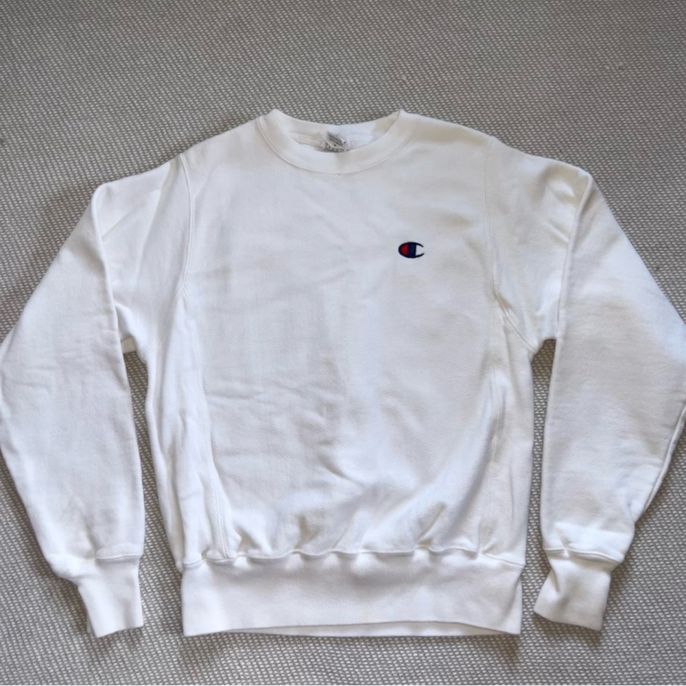 Champion Women’s White Reverse Weave Thick Crewneck Logo Sweatshirt Sz Xs